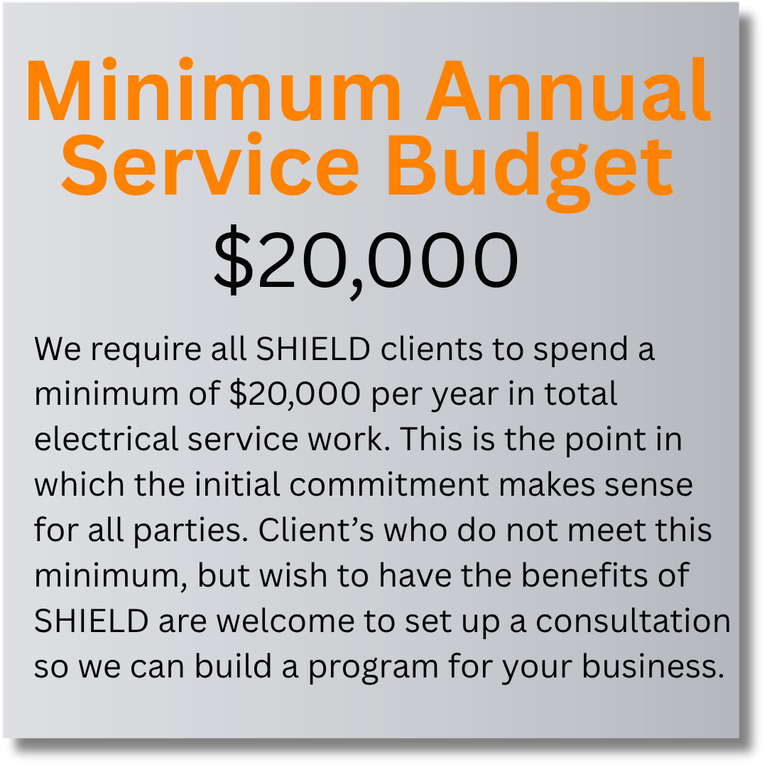 Poster with the title 'Minimum Annual Service Budget' in large orange text, stating a $20,000 minimum, explaining client requirements for an electrical service project with detailed informational text in black on a light gray background.