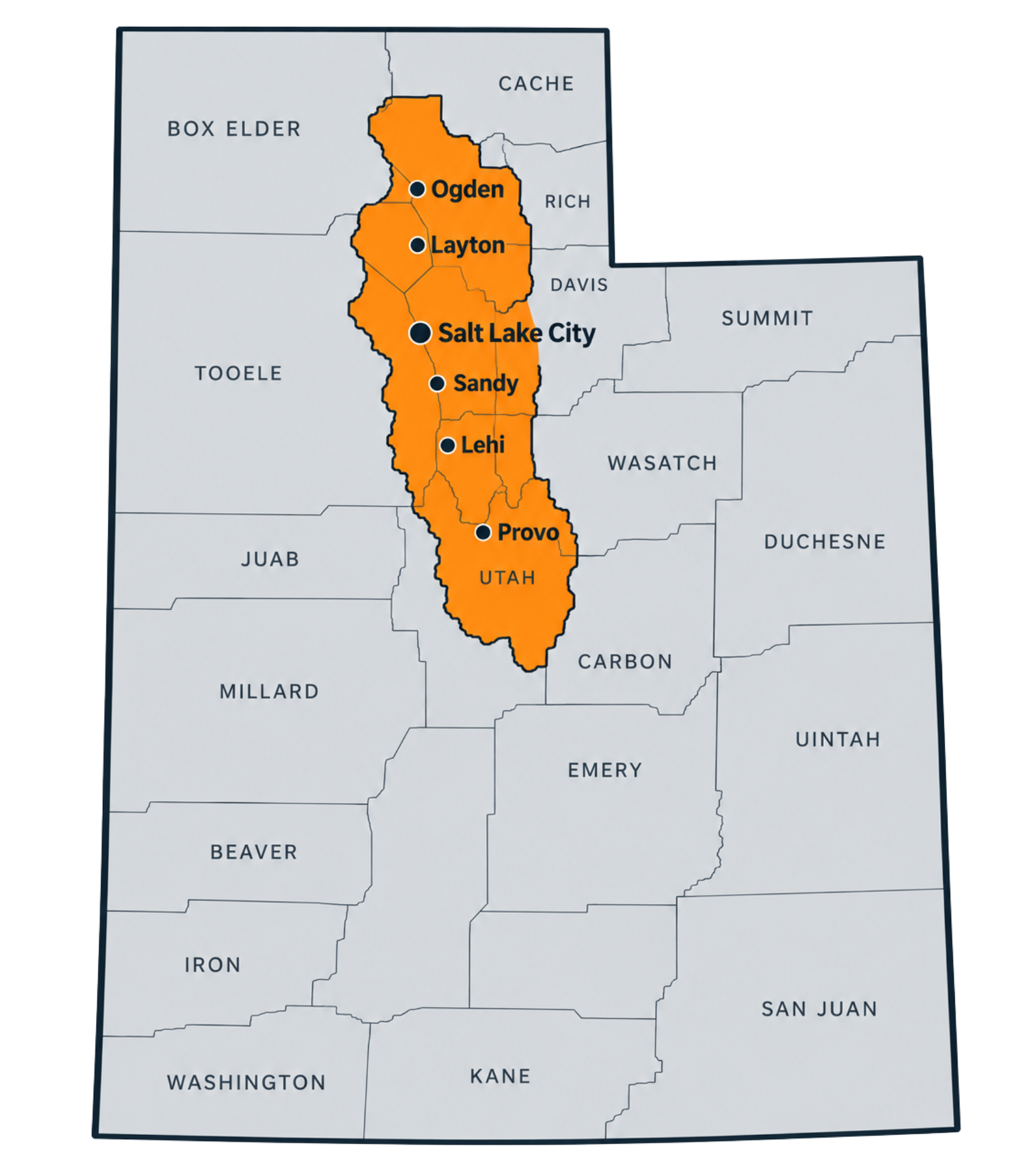 Map highlighting northern Utah counties including Box Elder, Cache, Rich, Davis, Summit, Tooele, Salt Lake City, Sandy, Lehi, Provo, and Utah, with each county outlined.