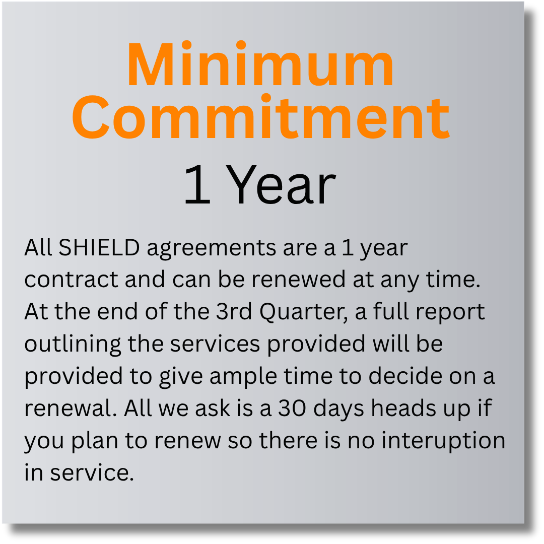 A sign outlining a one-year minimum commitment for SHIELD agreements, including renewal policy and reporting requirements.