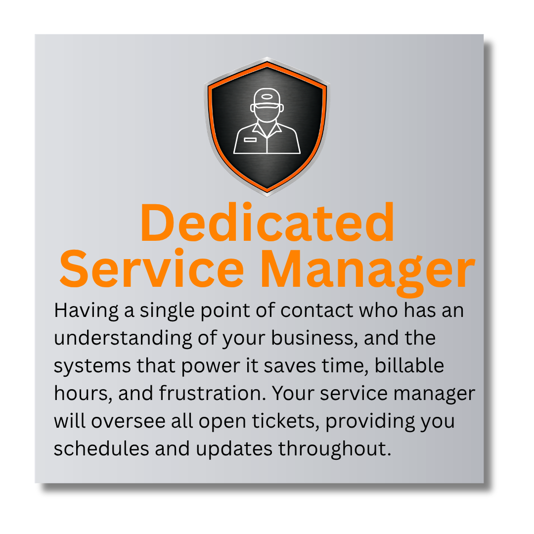 Description of a promotional graphic for a dedicated service manager, featuring a shield icon with a person wearing a cap, and text explaining the role and benefits of having a dedicated service manager.