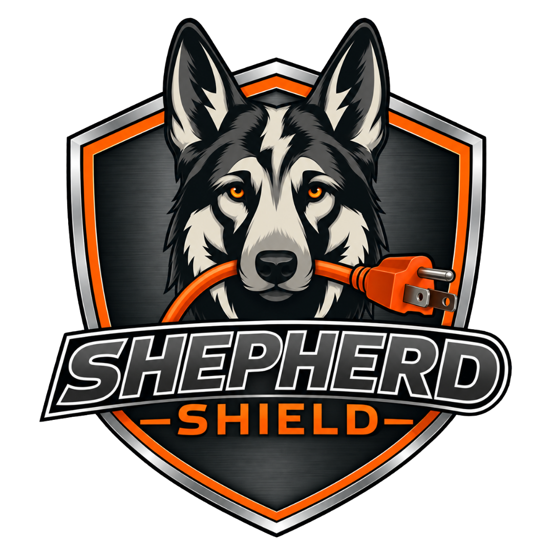 A logo featuring a wolf's head holding an orange electrical plug in its mouth, with the text 'SHEPHERD SHIELD' beneath.
