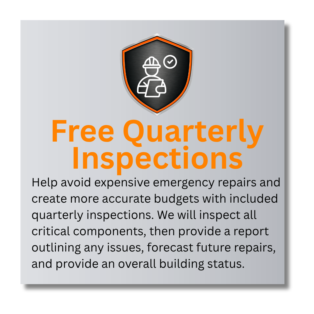 A graphic with a shield icon of a construction worker and a check mark, promoting free quarterly inspections for building maintenance.