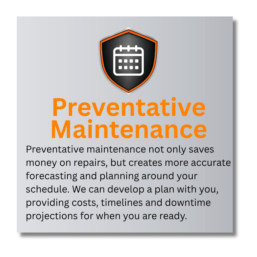 Informational poster about preventive maintenance, featuring a shield with a calendar icon at the top, and text explaining that preventive maintenance saves money, improves forecasting, planning, and includes developing a plan with costs, timelines, and downtime projections.