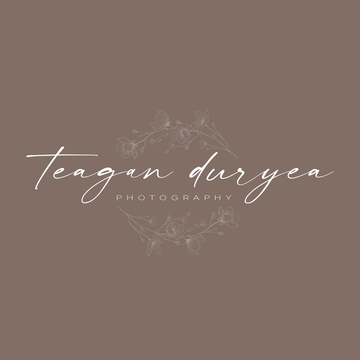 A professional photography business logo with the name 'Tegan Duryea Photography' in cursive and small serif font, over a taupe brown background with delicate floral illustrations.