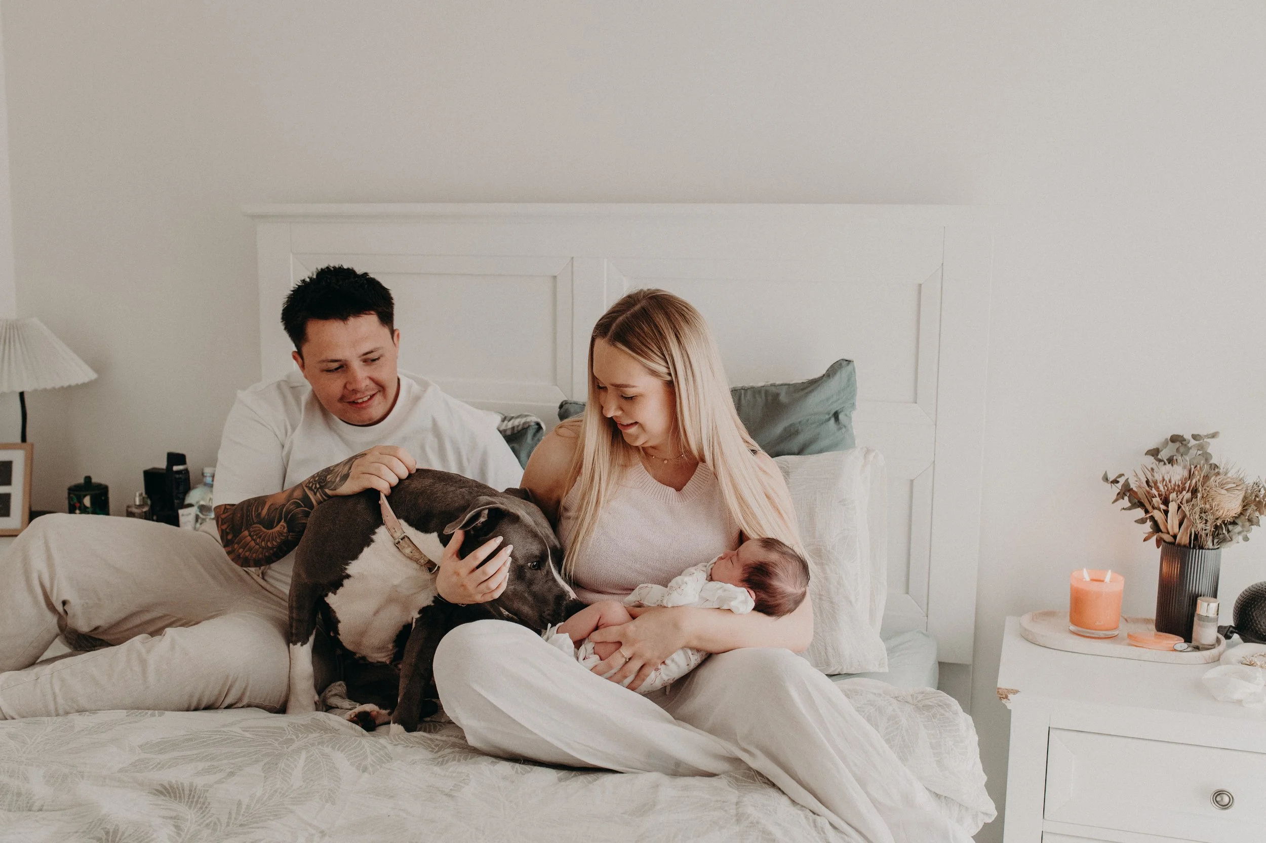 A family of four with a dog and a baby sitting on a bed in a bright bedroom, smiling and engaging with each other.