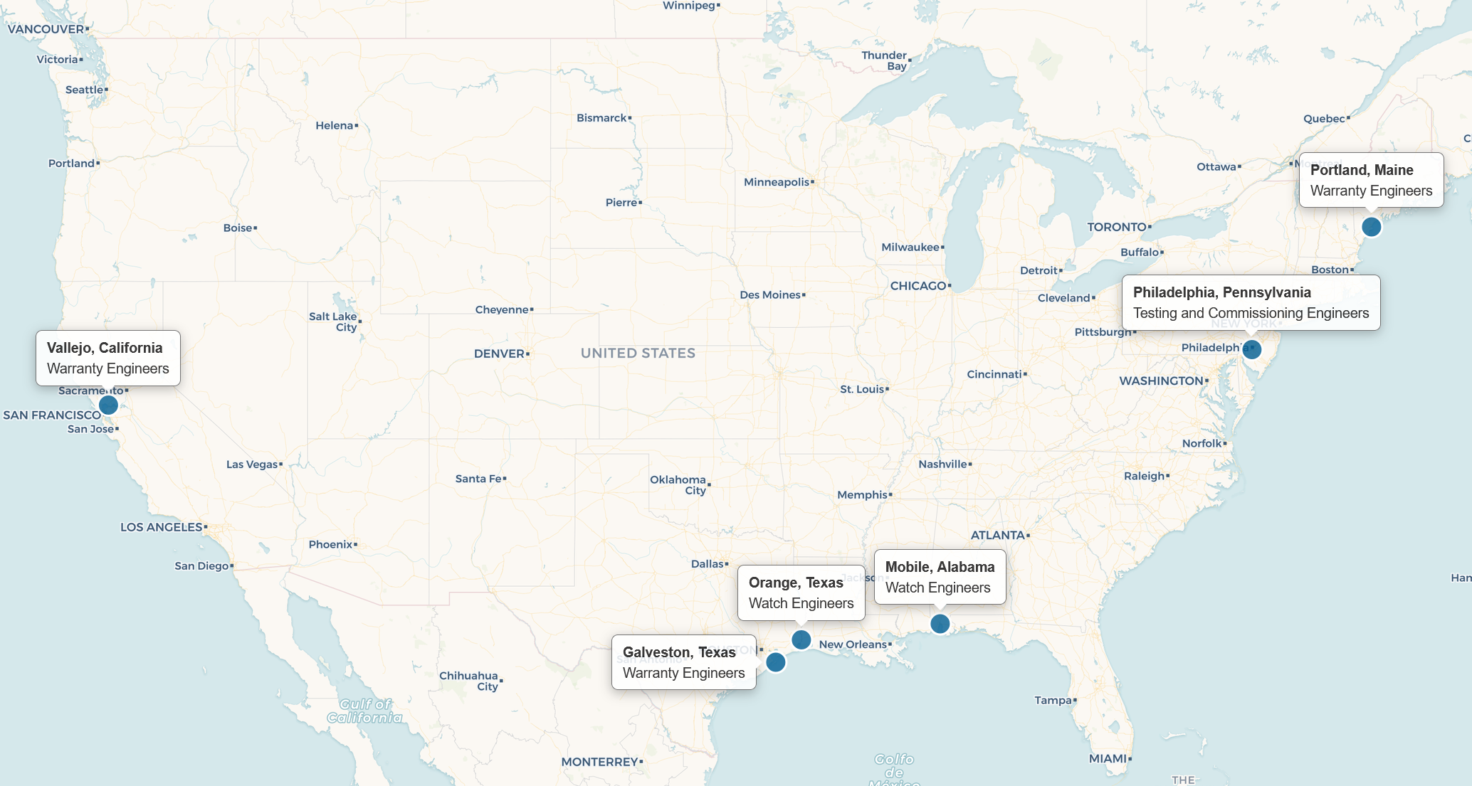 Map showing where American Crewing Service dispatches U.S. Coast Guard licensed mariners across the country who fulfilling multiple billets: Warranty engineering, testing and commissioning, and watchstanding.