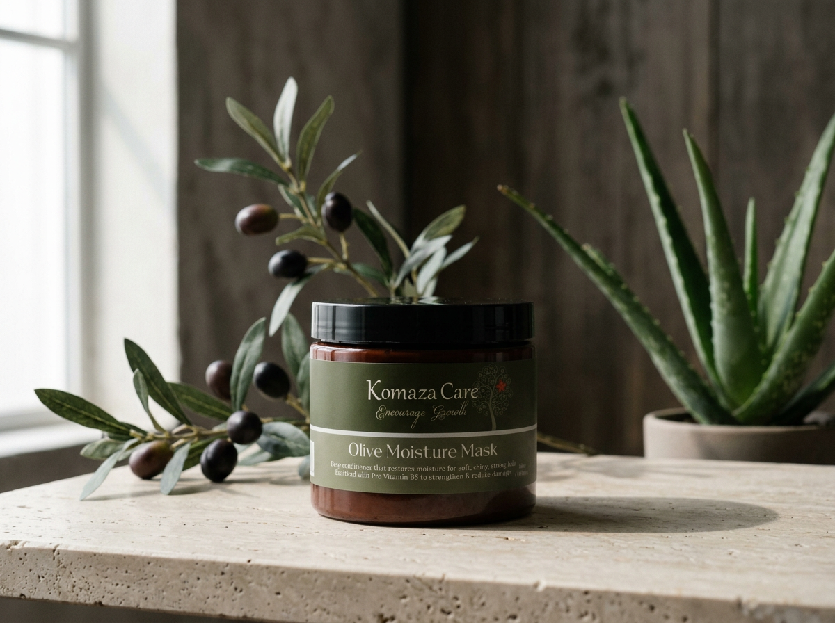 Jar of Komaza Care Olive Moisture Mask on a wooden surface with an aloe vera plant and an olive branch nearby