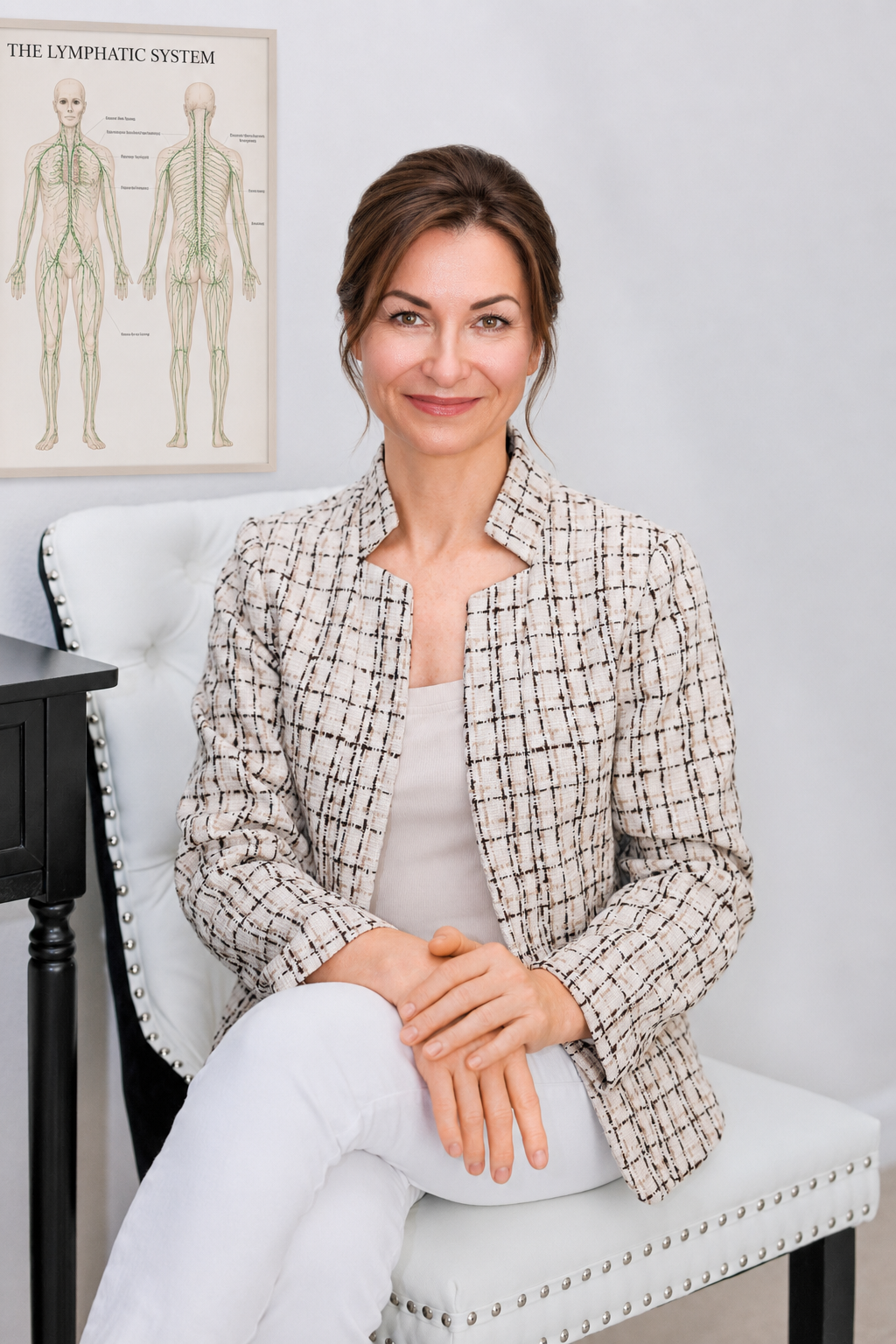A woman sitting on a white chair in a professional office, with a medical poster of the lymphatic system on the wall behind her.
