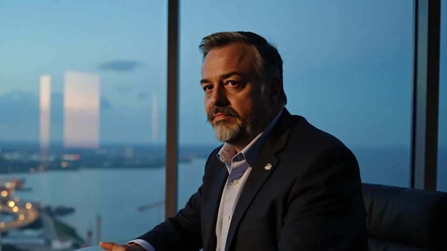 A middle-aged man with gray hair and a beard sitting at a desk in an office with large windows. There is a cityscape and water visible outside. The man is wearing a dark suit and a white shirt, looking serious and contemplative.