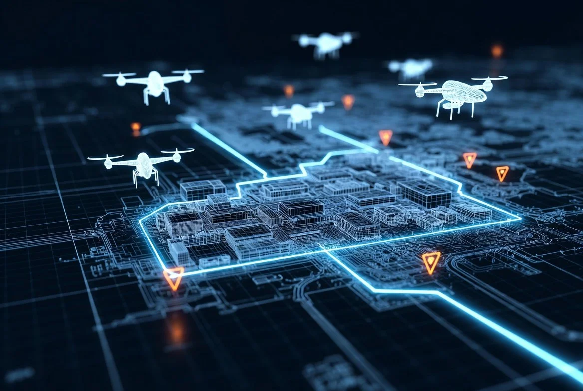 Futuristic digital map of a city with drone technology, showcasing flying drones above the city infrastructure and illuminated pathways.