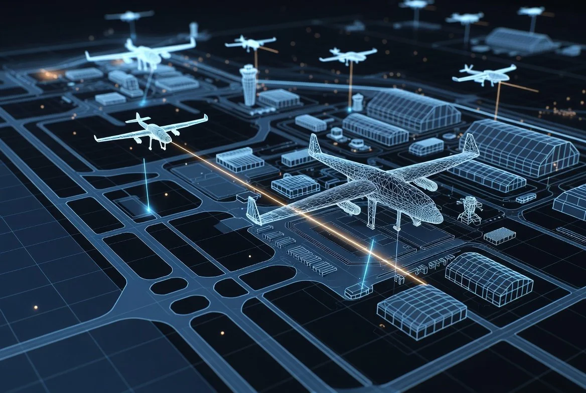 Digital wireframe illustration of an airport with several airplanes, control towers, and airport buildings on a dark background.