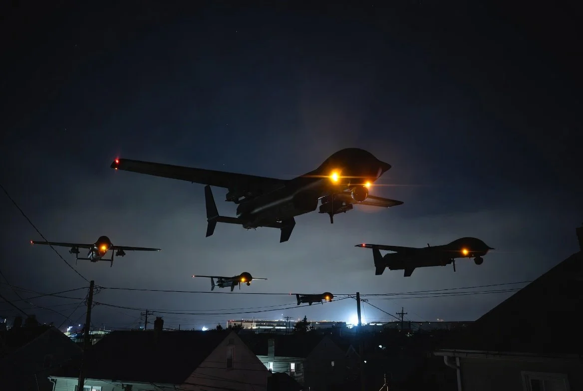 Multiple military fighter jets flying at night over a residential area, illuminated by city lights and moonlight.