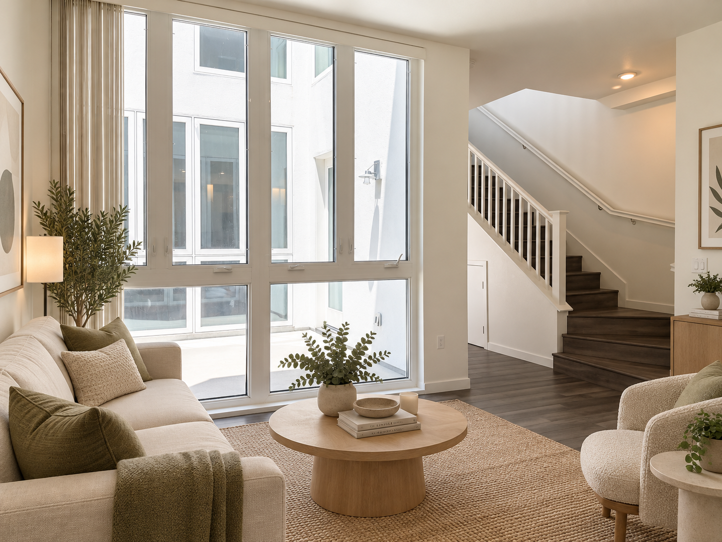 Bright living room with beige sofa, throw pillows, and a round wooden coffee table with books, a bowl, and a plant. Large windows with vertical blinds, staircase with dark wood stairs and white railing, and indoor plants.