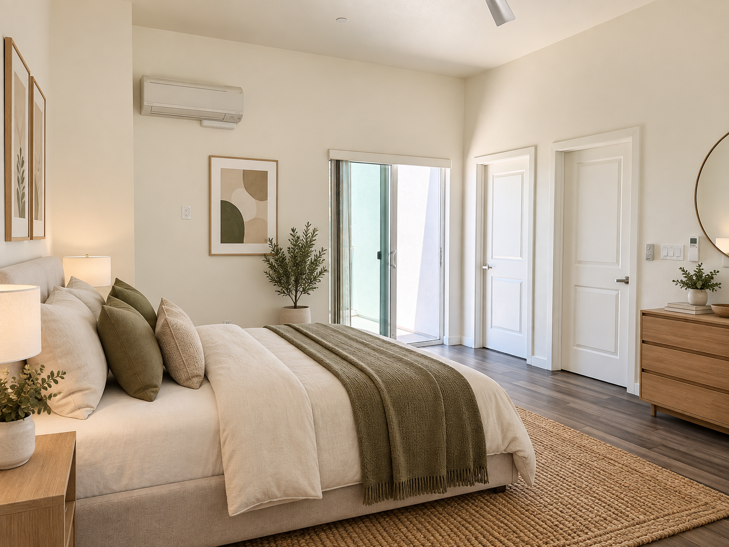 A bedroom with a bed, pillows, a blanket, and bedside lamps. There is a plant, artwork, a sliding glass door, and a dresser in a minimal, modern style.