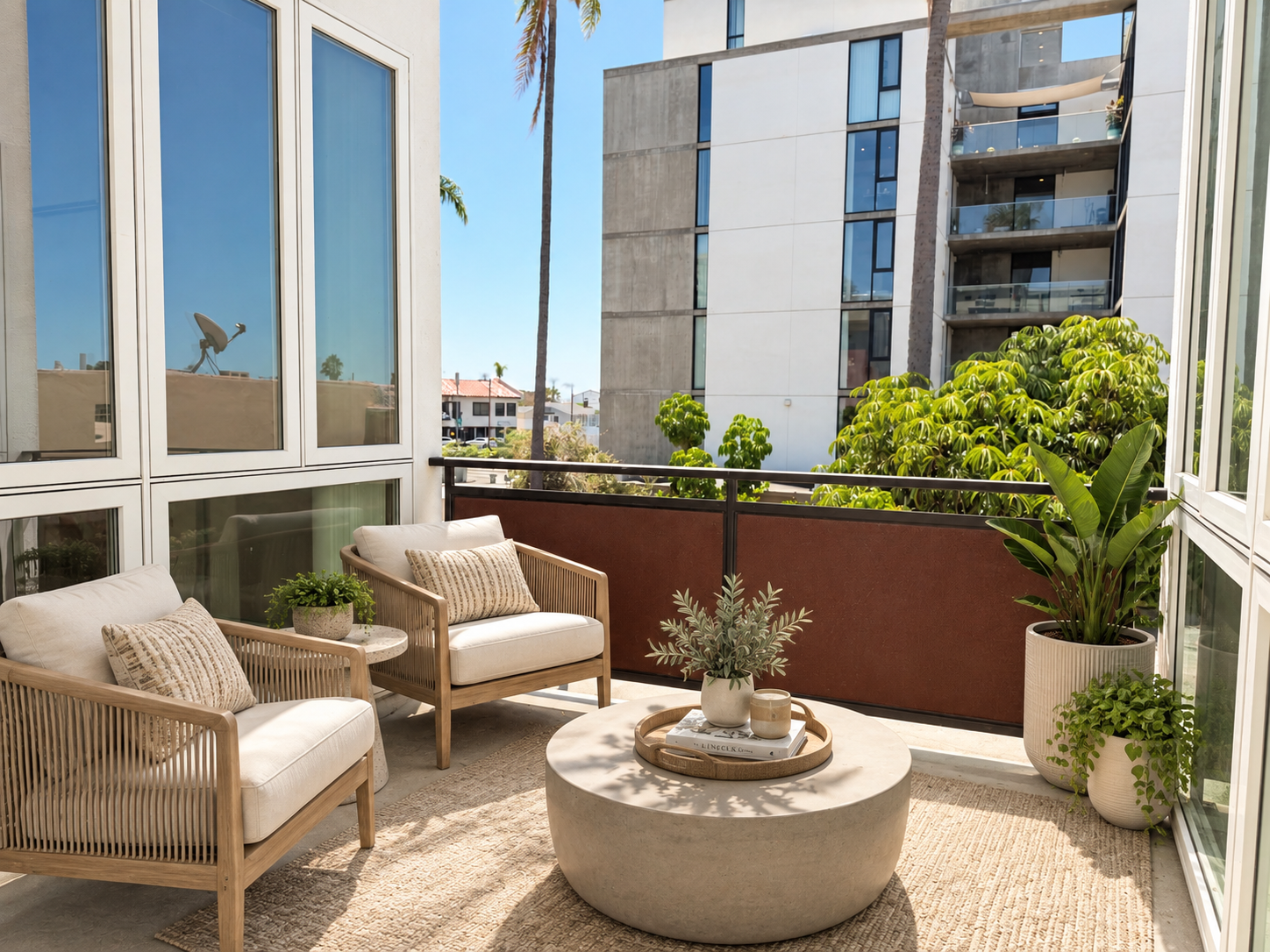 Balcony with two cream-colored cushioned chairs, a round coffee table with plants and books, green potted plants, and a railing, with modern buildings and blue sky in the background.