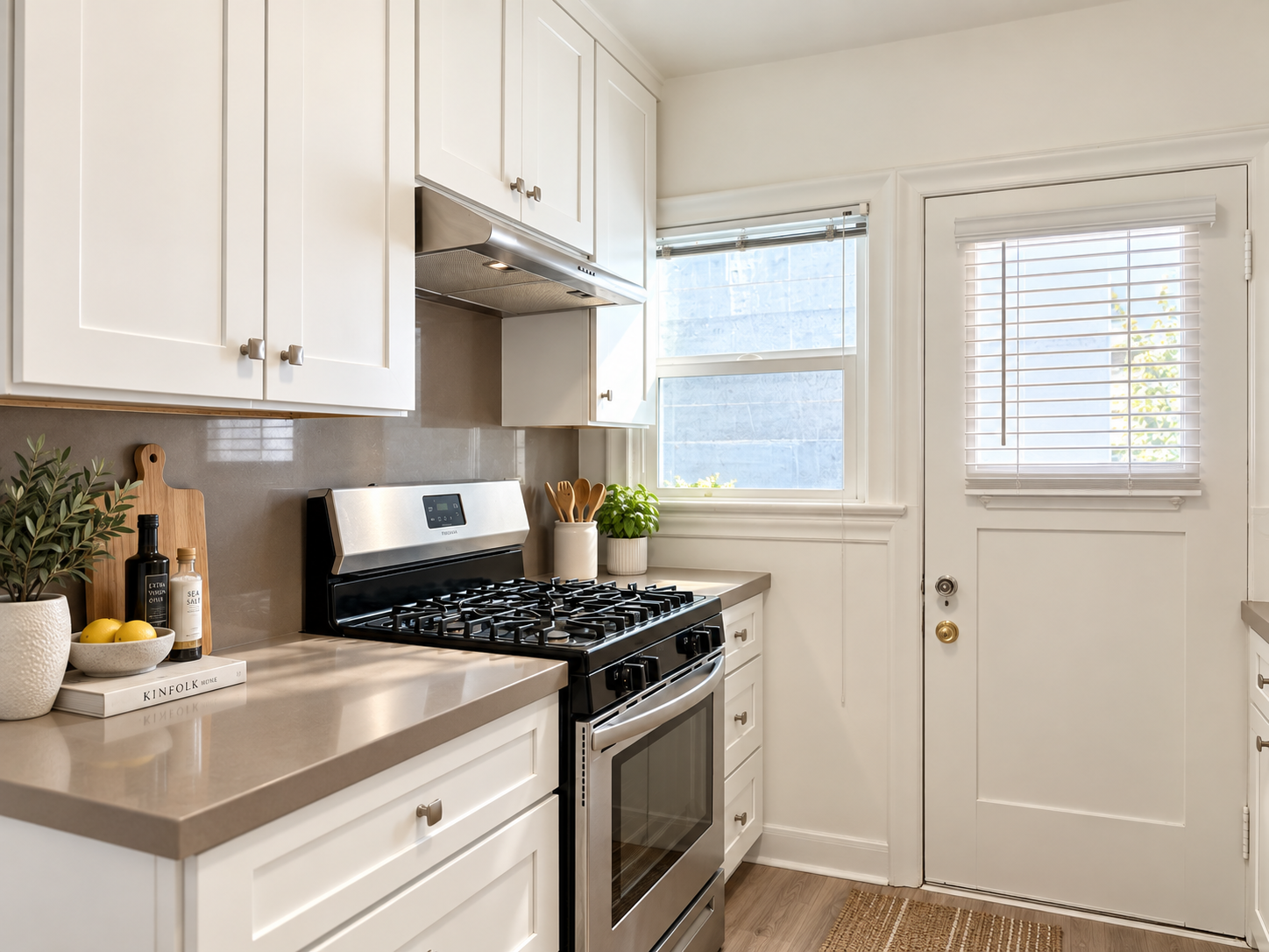 Bright kitchen with white cabinets, beige countertops, stainless steel stove, window, door with blinds, small potted plants, and kitchen accessories.