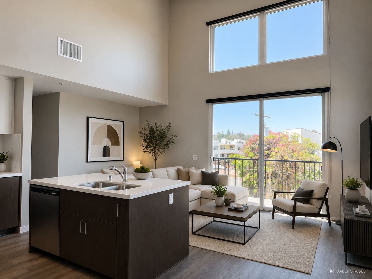 Modern living room with high ceilings, large windows, beige sofa, armchair, coffee table, and decorative plants.