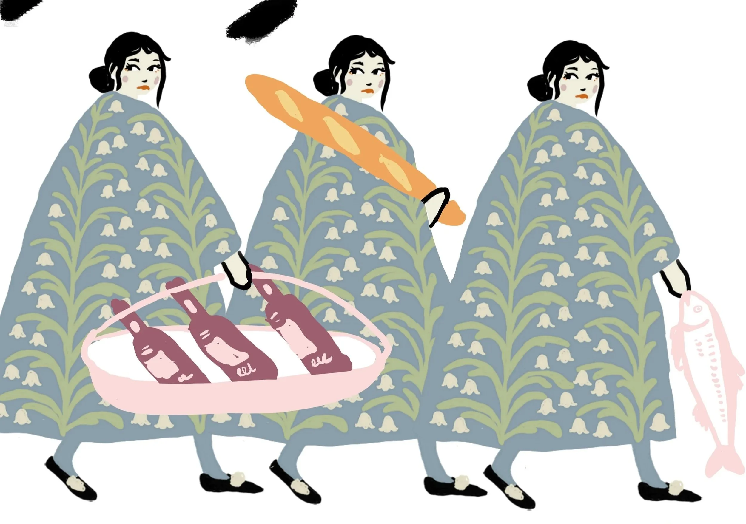 Illustration of three women in matching floral cloaks walking to market, carrying a bottle of wine, a baguette, and a fish, from the "To Market" art print by Liz Kelley.