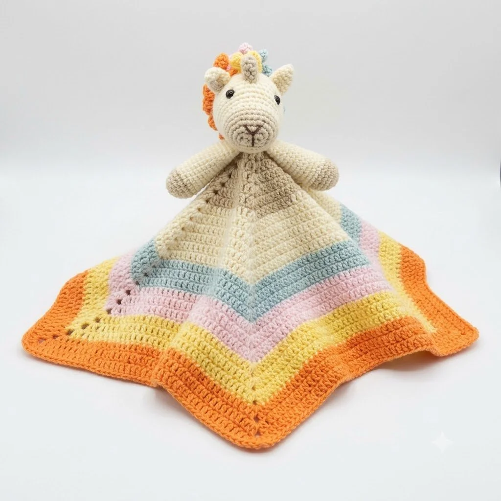 A crocheted unicorn stuffed animal sitting on a colorful rainbow blanket with stripes of pink, blue, yellow, and orange, on a white background.