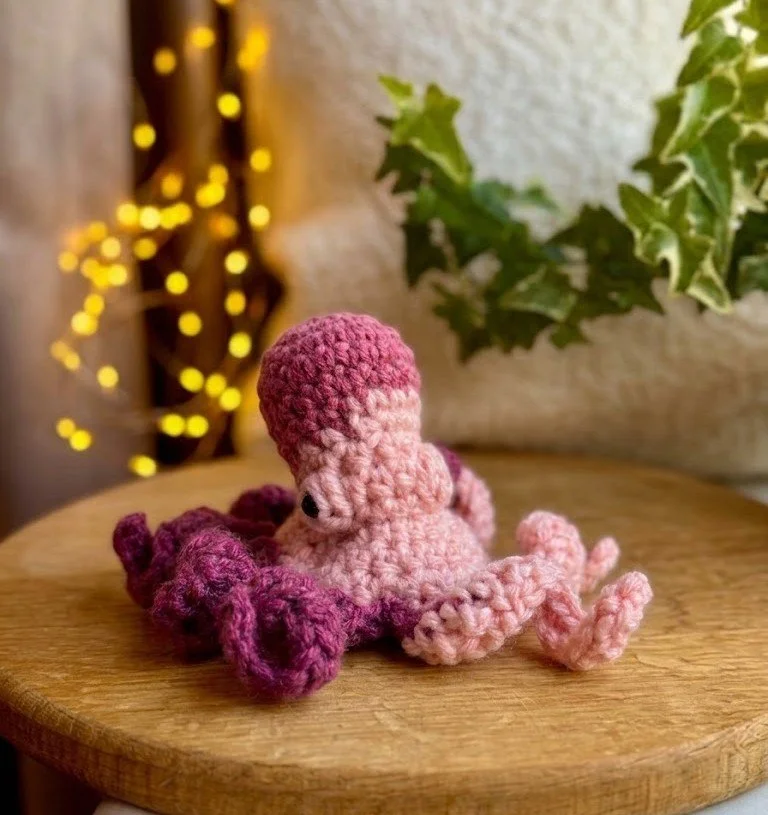 A pink and purple crocheted octopus plush toy on a wooden surface with a background of blurred warm yellow lights and green leaves.