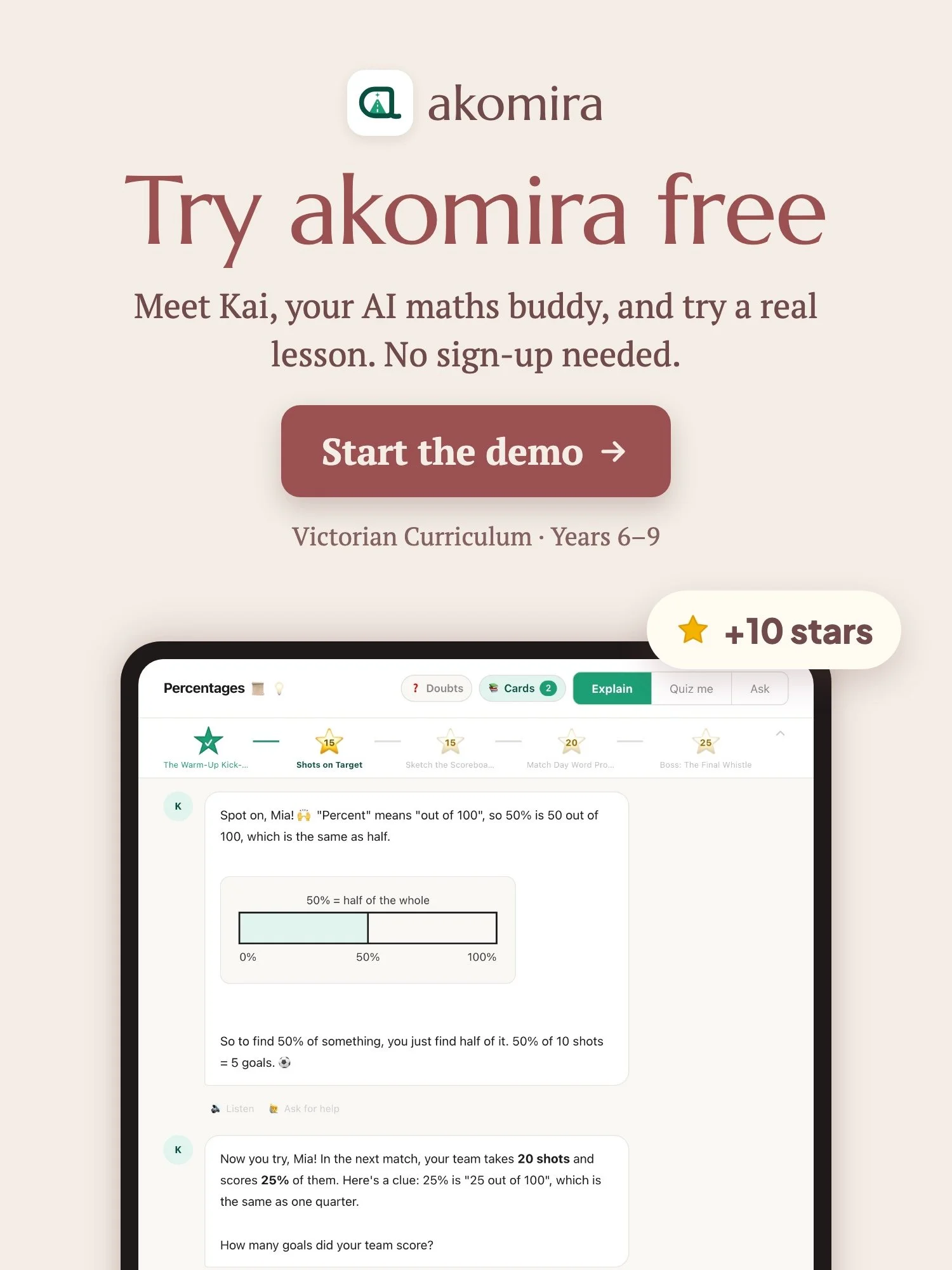 Screenshot of a website offering a free trial for a math learning platform called akomira, specifically designed for Years 6-9 in the Victorian Curriculum. The page features a welcome message, a call-to-action button to start a demo, and a section showing a game or quiz involving percentages and goals, with instructions on how to find 50% of something.