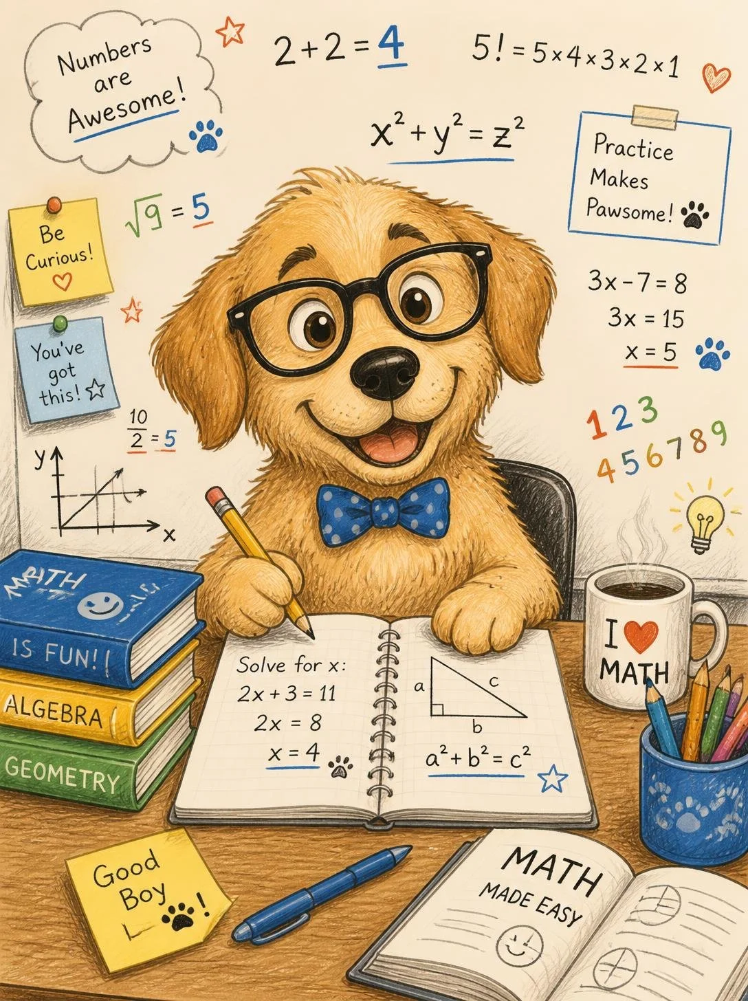 Illustration of a cheerful dog wearing glasses and a bow tie, surrounded by math books, notebooks, and colorful pencils on a desk, emphasizing a fun and engaging math learning environment for kids.