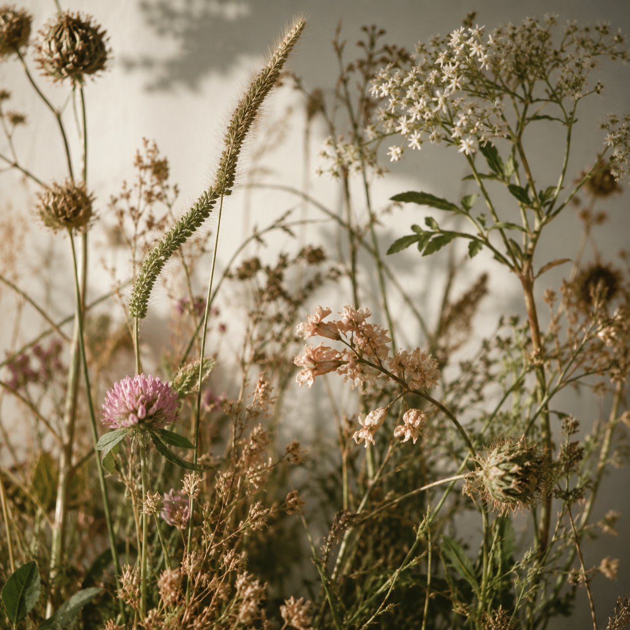 A close-up of various wildflowers and grasses with soft natural lighting.
