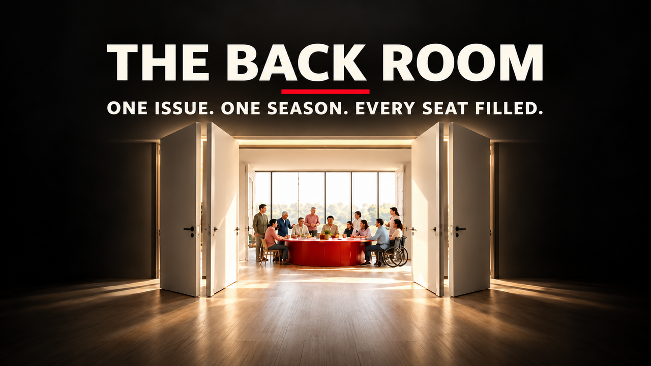 An open door leading into a conference room with a group of people sitting around a large round table, with large windows in the background, and the words 'The Back Room' and the tagline 'One issue. One season. Every seat filled.' on the image.