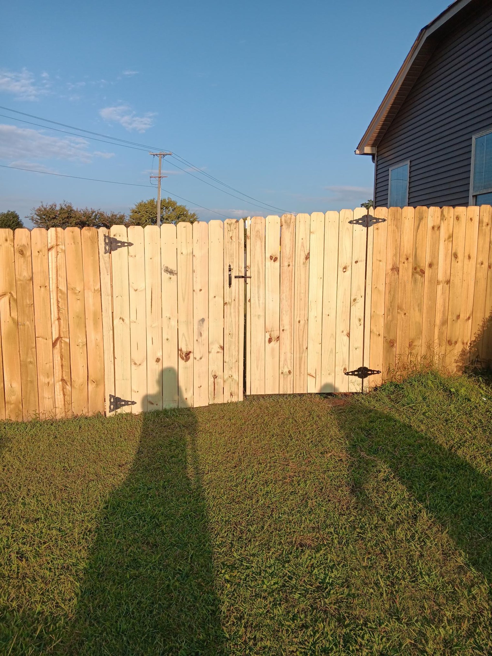 Wooden backyard fence with gate, shadows of two people cast on grass, blue sky with some clouds, house on the right side with blue siding and windows, utility pole with power lines in the background.