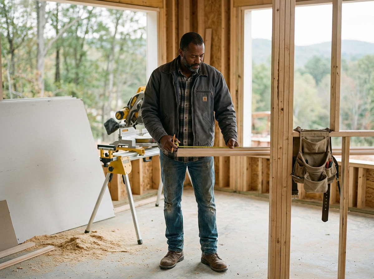 A man measuring a piece of wood inside an unfinished wooden structure with a saw and construction tools in the background.