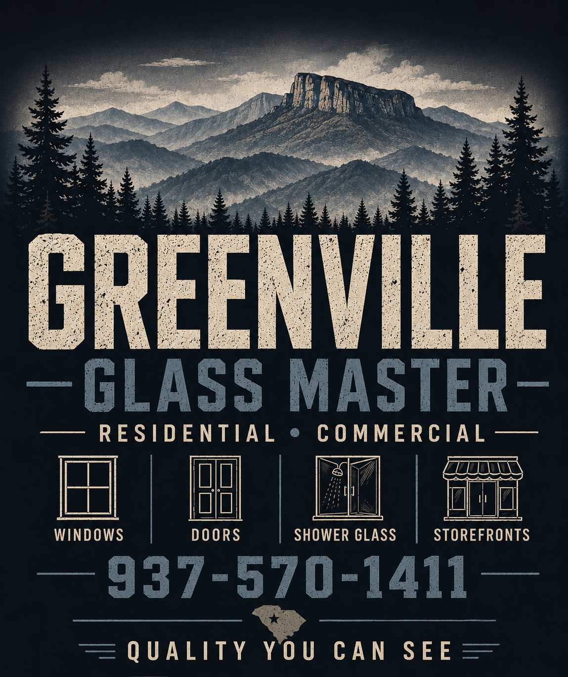 A promotional poster for Greenville Glass Master featuring a backdrop of mountains and pine trees with contact information and icons representing windows, doors, shower glass, and storefronts.