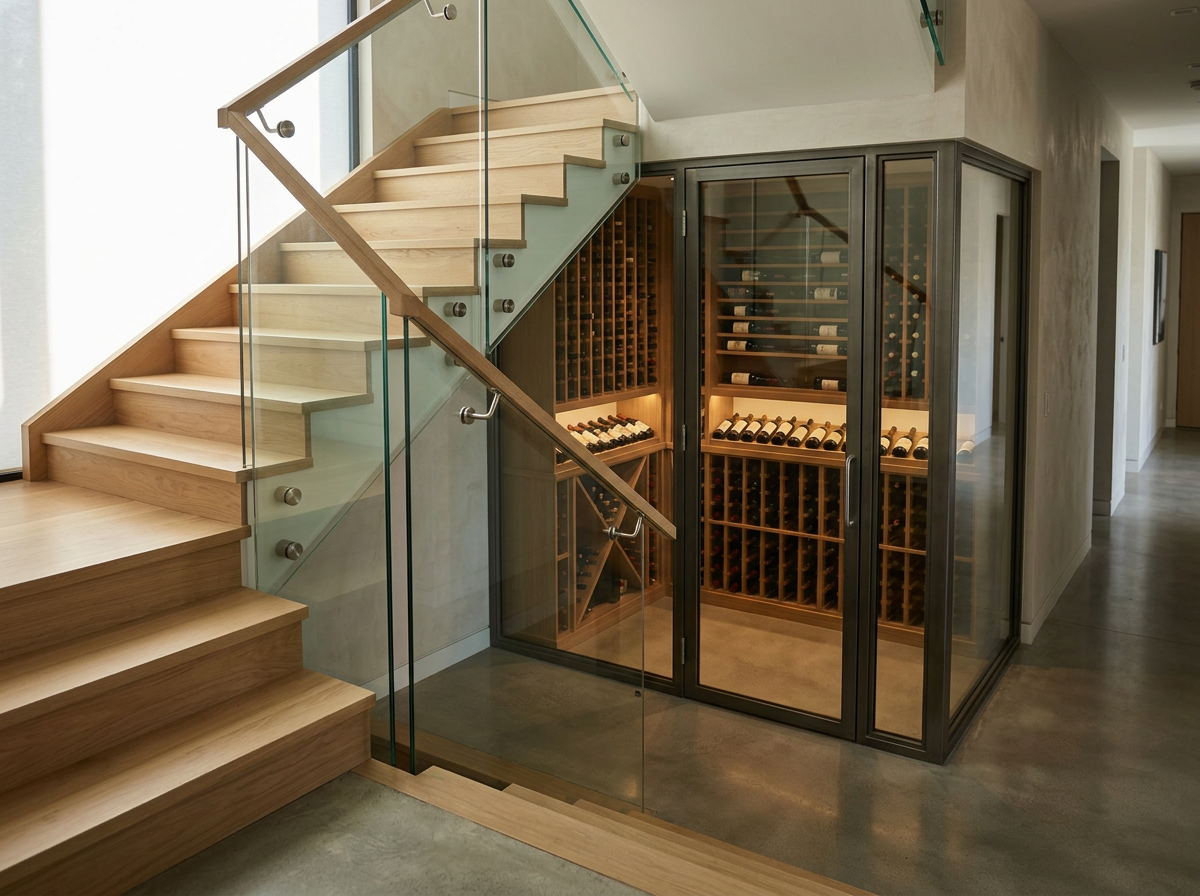 A staircase with wooden steps and glass railing next to a wine cellar with glass doors, filled with bottles of wine stored on racks.