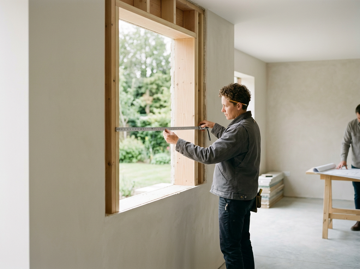 A person measuring a window frame with a tape measure during construction or renovation of a house. Another person is working at a table in the background.