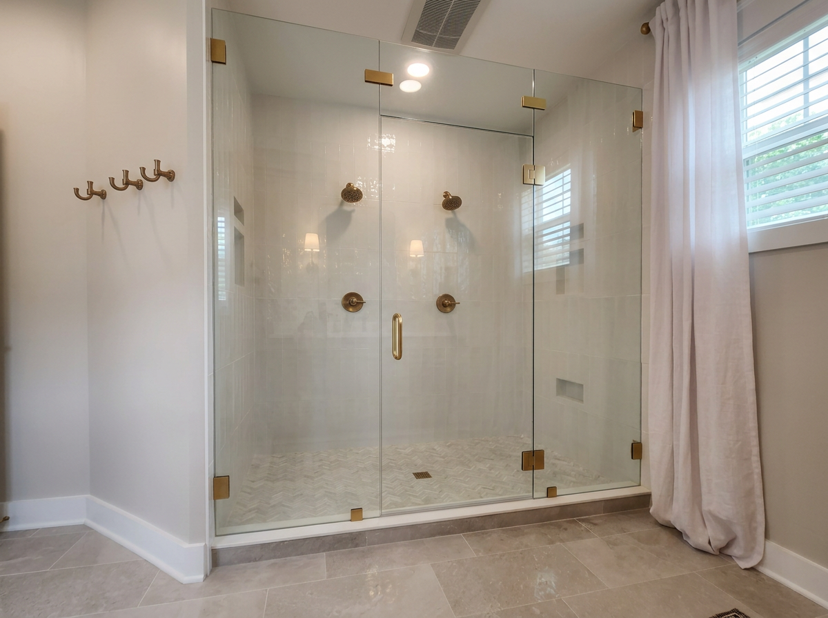 Glass shower enclosure with brass hinges and handles, two brass shower heads, a small recessed shelf, and a window with white blinds and curtains.