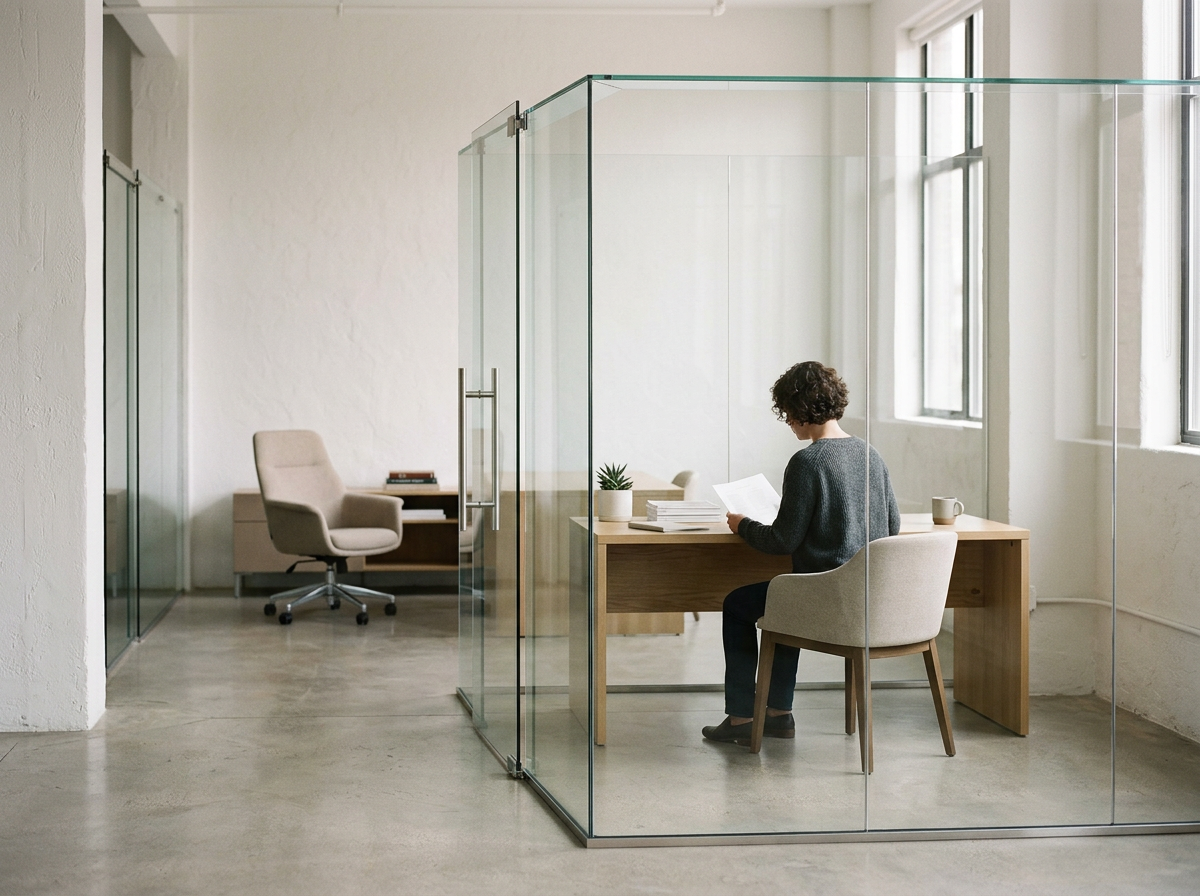 Person sitting at a wooden desk in a glass-enclosed office, reading papers, with a potted plant, stacks of papers, and a coffee mug on the desk, in a bright office space.