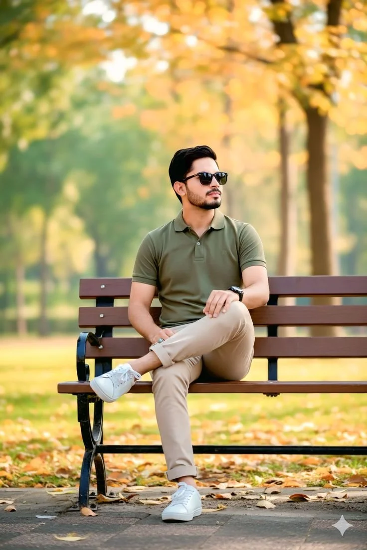 Man sitting on park bench in autumn, wearing sunglasses, olive green polo shirt, beige pants, and white sneakers, with trees and fallen leaves in background.