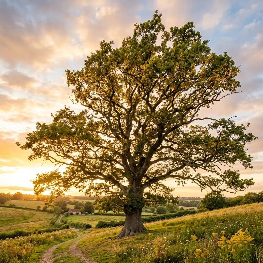 A large, solitary tree in a field at sunset, with a dirt path winding through grassy land and a few distant houses.