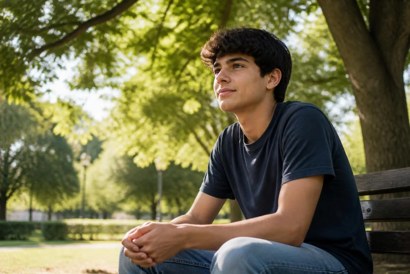 A young man with dark hair sitting on a park bench, looking thoughtfully into the distance with trees and green foliage in the background.