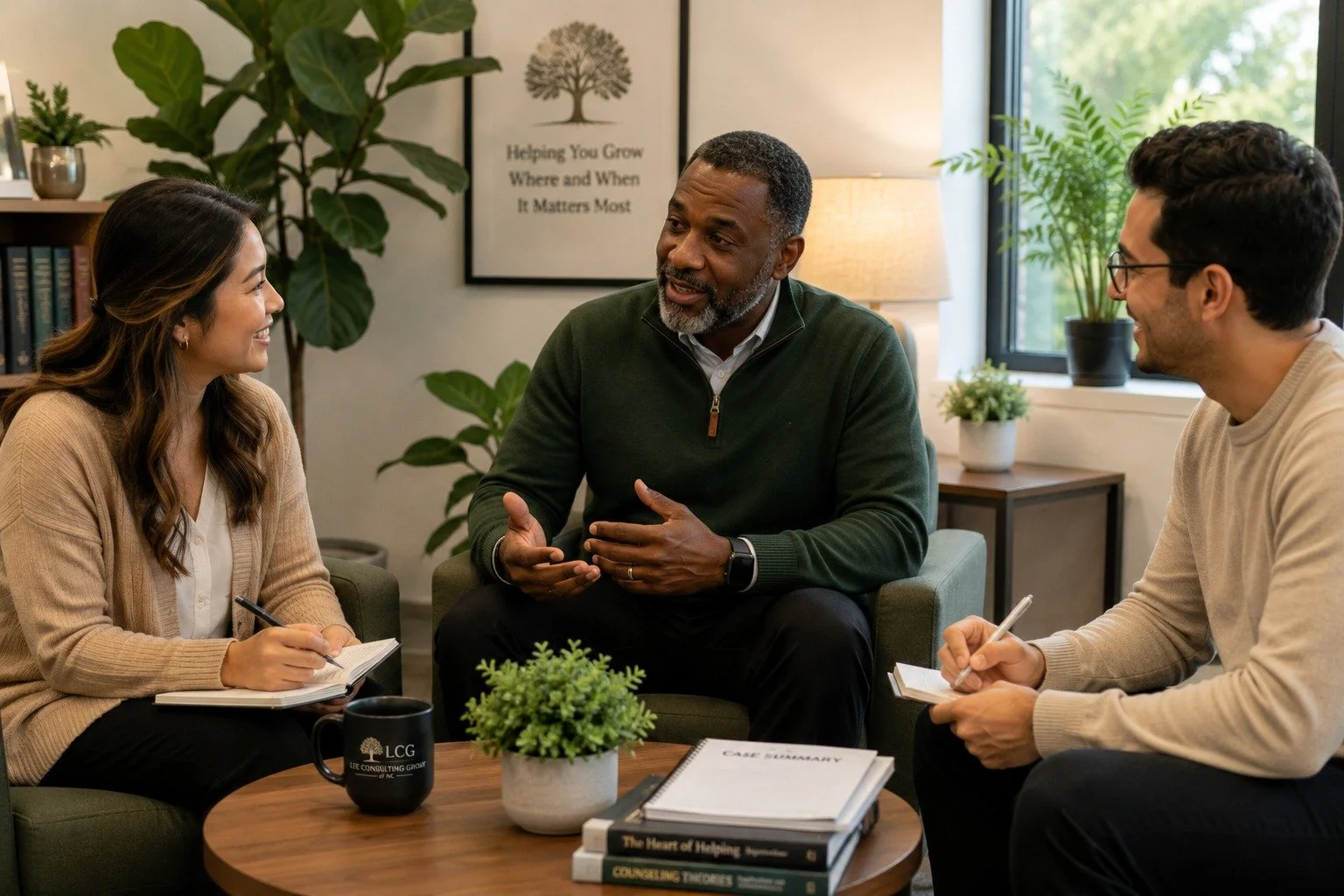 Business and mental health professionals collaborating during a consultation meeting at Lee Consulting Group.