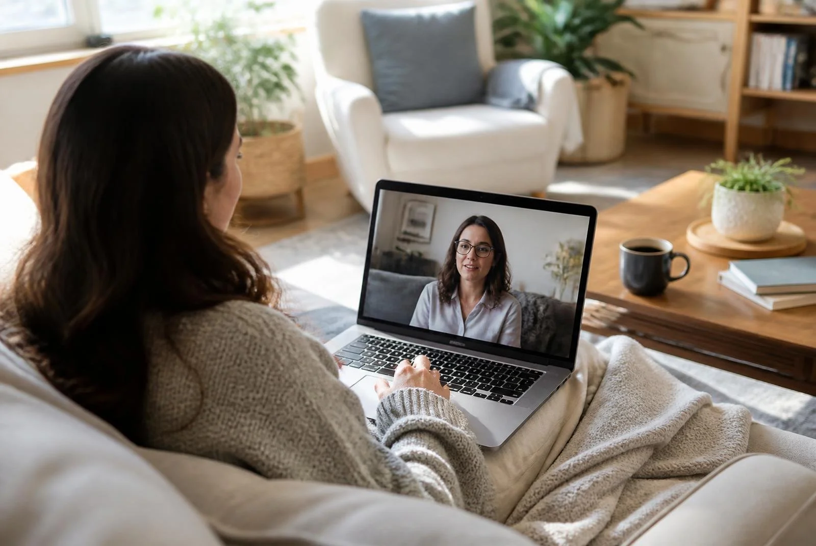 A woman sits on a beige couch with a laptop on her lap, engaged in a video call with another woman who has dark hair, glasses, and a white shirt, in a cozy living room with plants and wooden furniture.