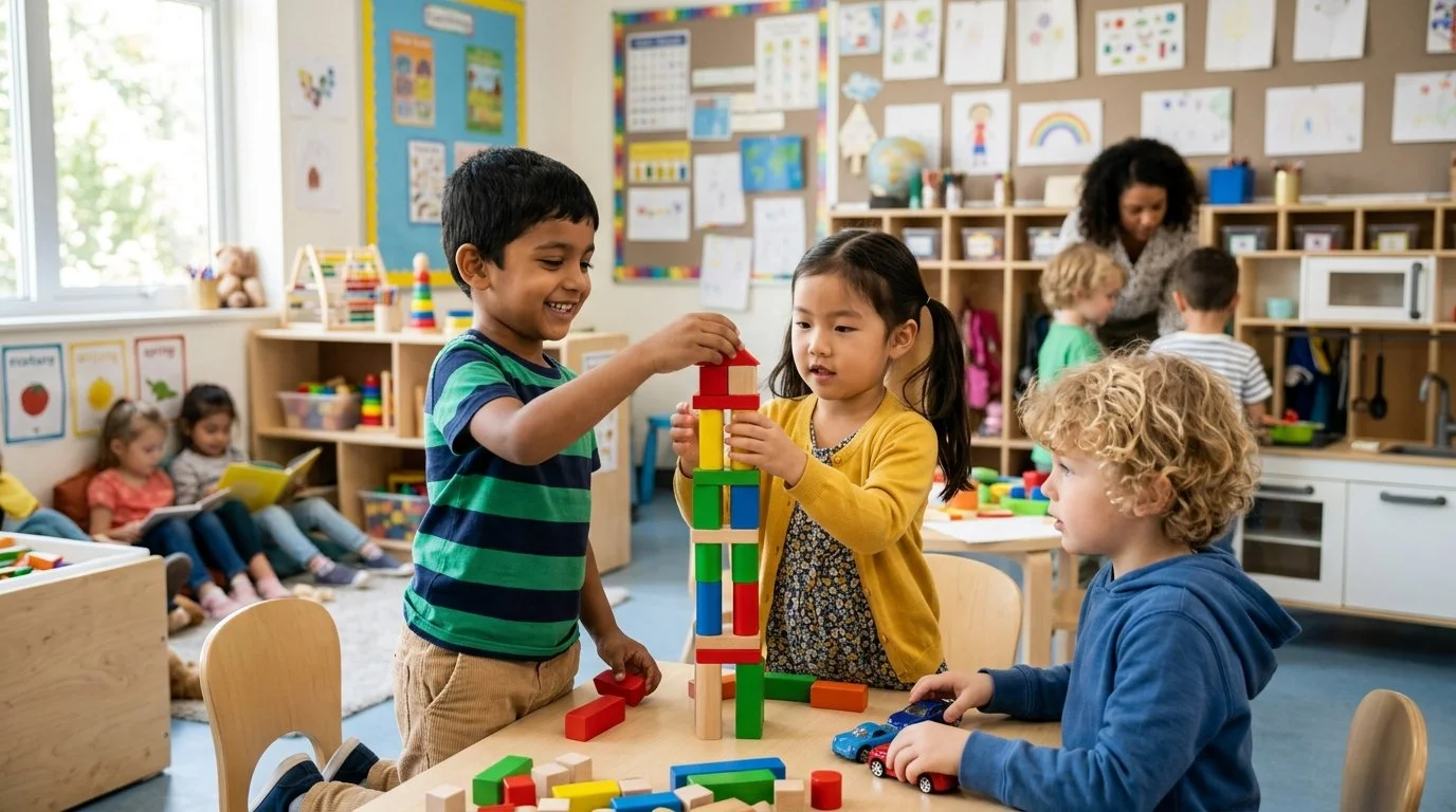 Kids playing with building blocks in a classroom, with other children reading in the background.