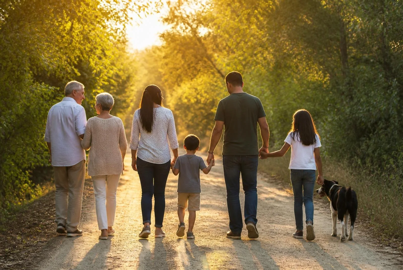 Multi-generational family walk outdoors on a dirt path with lush green trees, holding hands, during sunset.