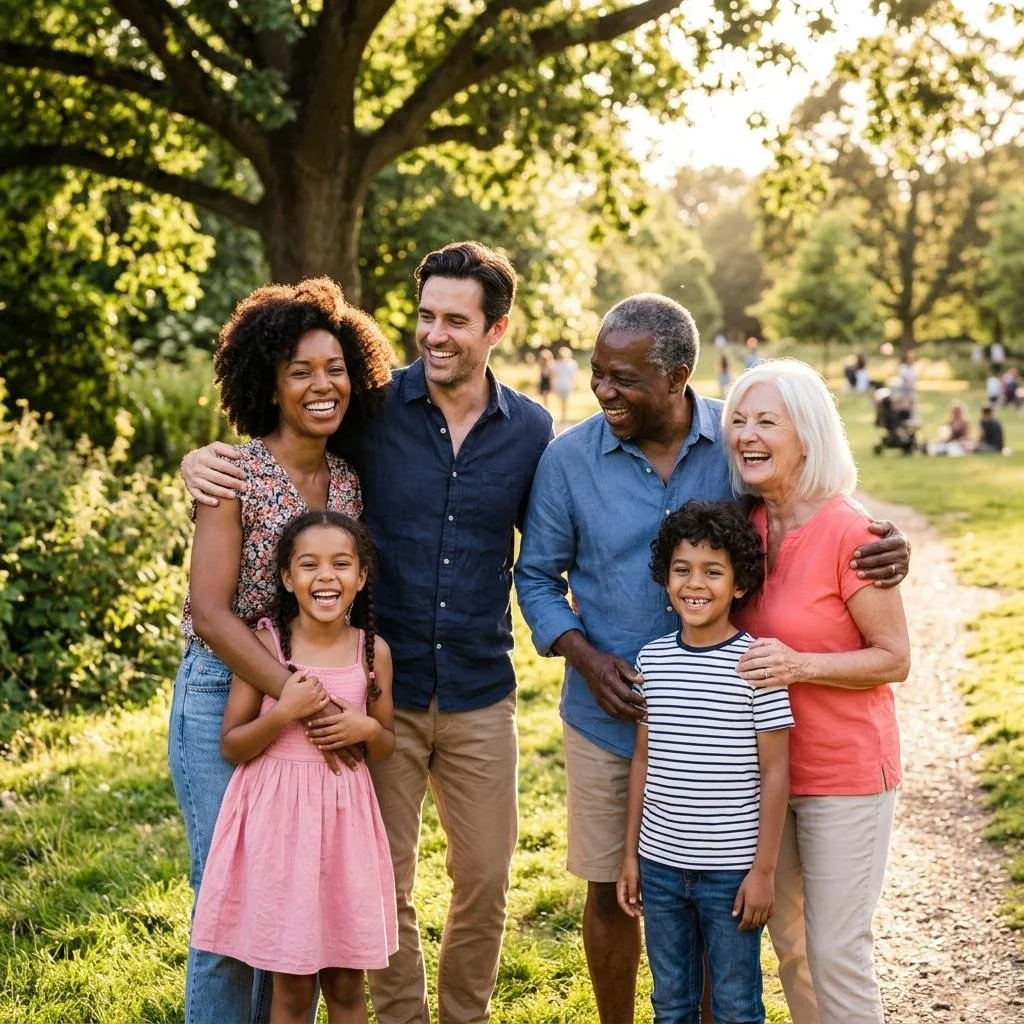 A multigenerational family enjoying time together in a park, smiling and embracing each other.