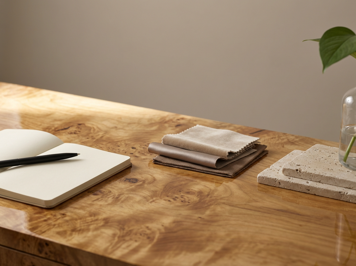 A wooden table with an open notebook, a black pen, a stack of fabric swatches, a piece of textured stone, and a glass of water with a plant leaf in it.