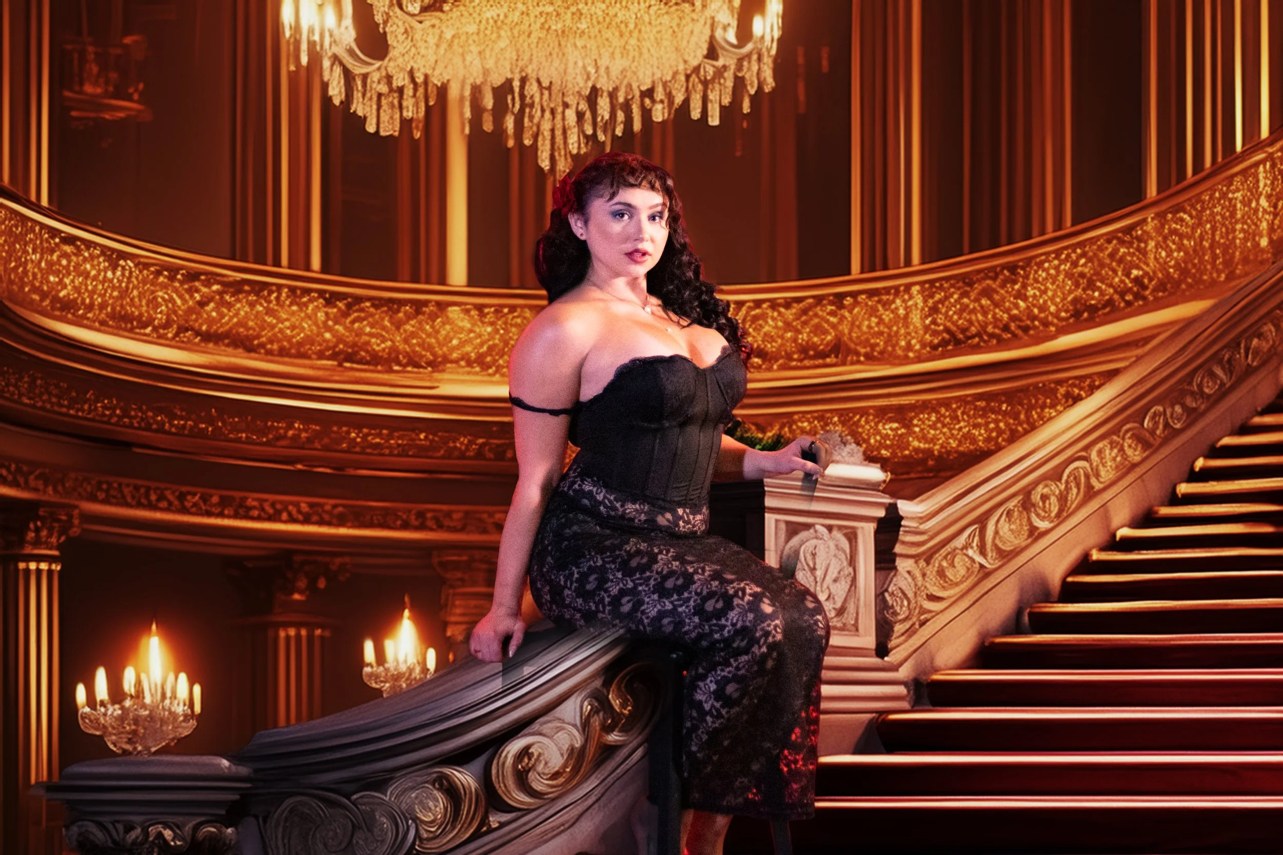 A woman in a black dress with floral lace details sitting on a staircase in an opulent, gold-accented room with a grand chandelier.
