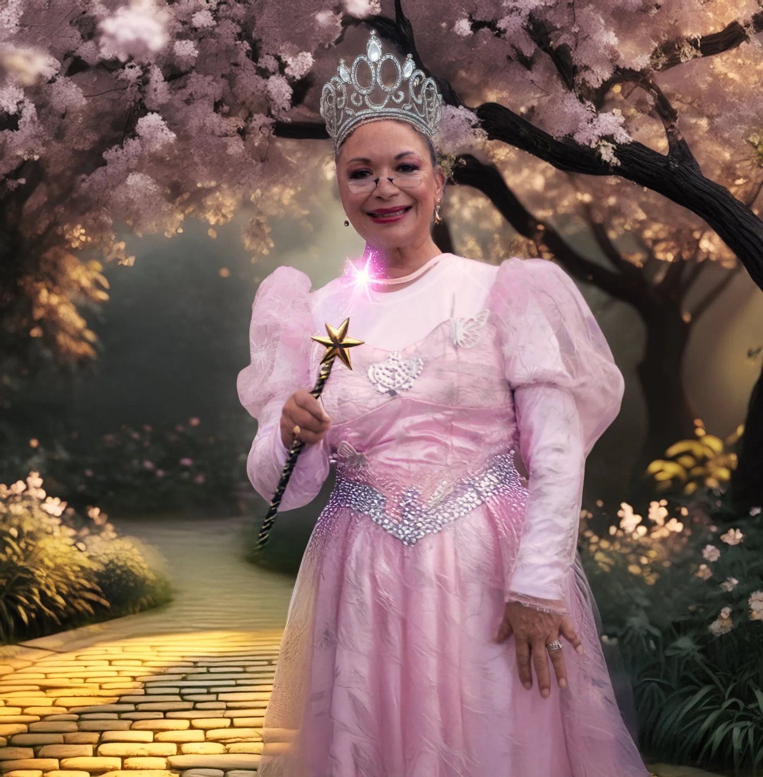 A woman dressed as a fairy tale princess, wearing a pink gown and a sparkly silver crown, holding a magic wand with a star, standing on a cobblestone path in front of a background with pink cherry blossom trees.