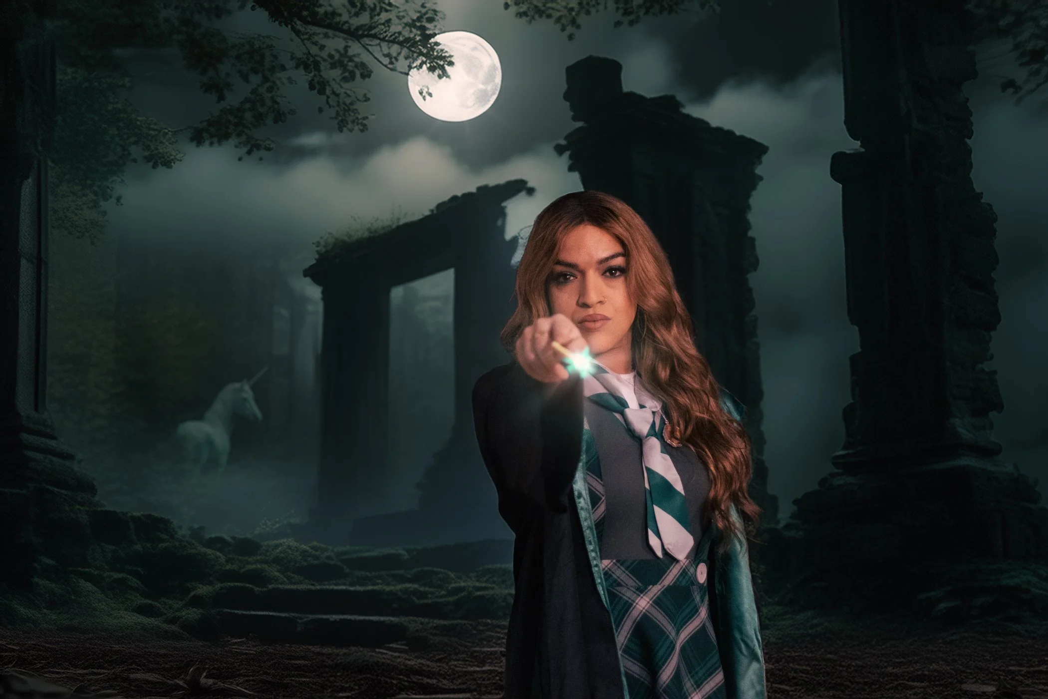 A woman with long, wavy hair is pointing a glowing light forward. She is dressed in a school uniform with a plaid tie and jacket. The scene appears to be dark and moody, set in a mysterious, foggy forest under a full moon, with ancient ruins or stone