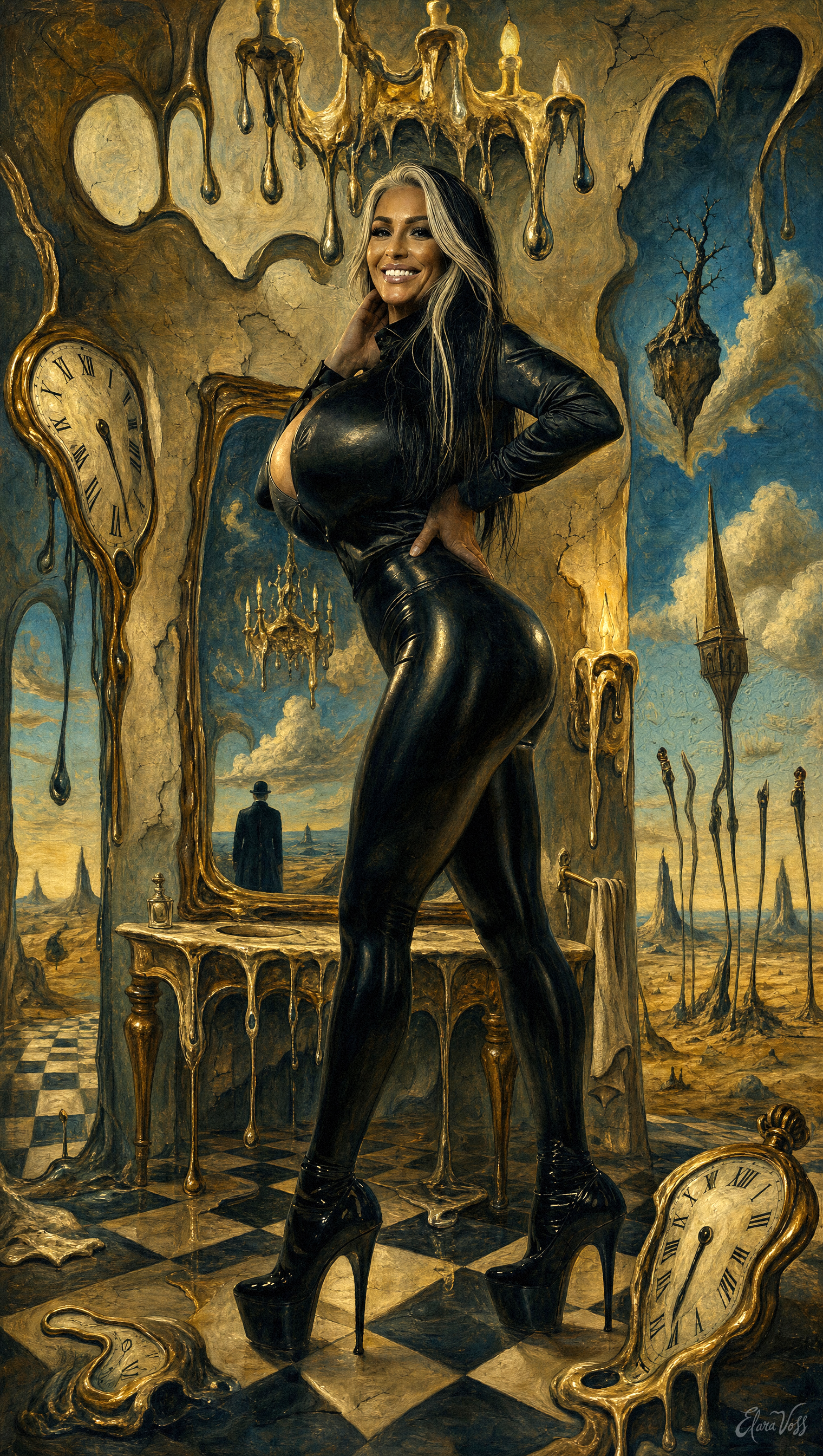 A woman in a black, shiny, form-fitting leather outfit with high-heeled boots is standing in front of a surreal, melting clock and mirror in an abstract landscape. The background features floating islands, a man in a suit and hat, and a cloudy sky, creating a dreamlike scene.