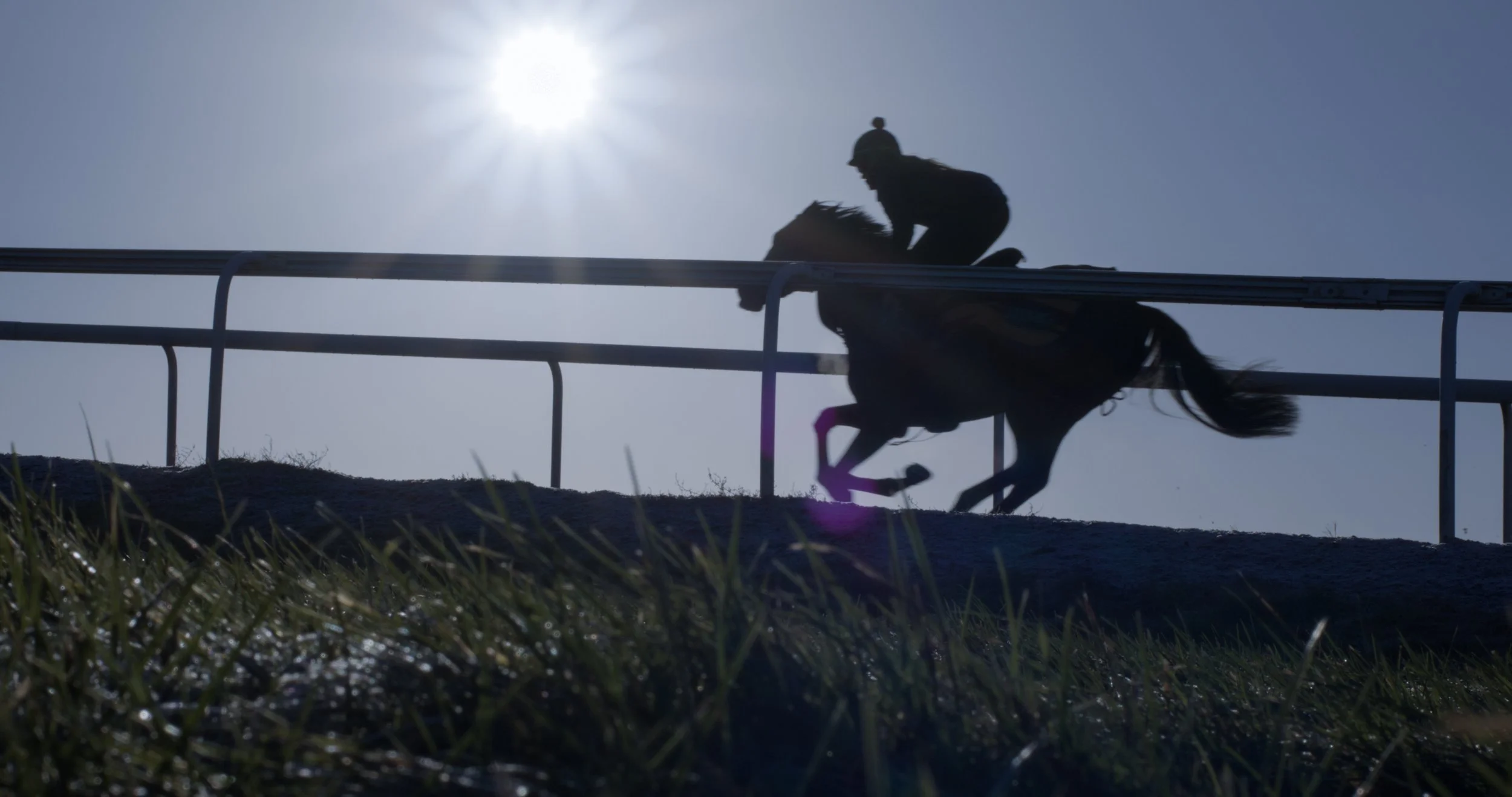 Silhouette of a jockey riding a horse on a racetrack against the bright sun in the sky.