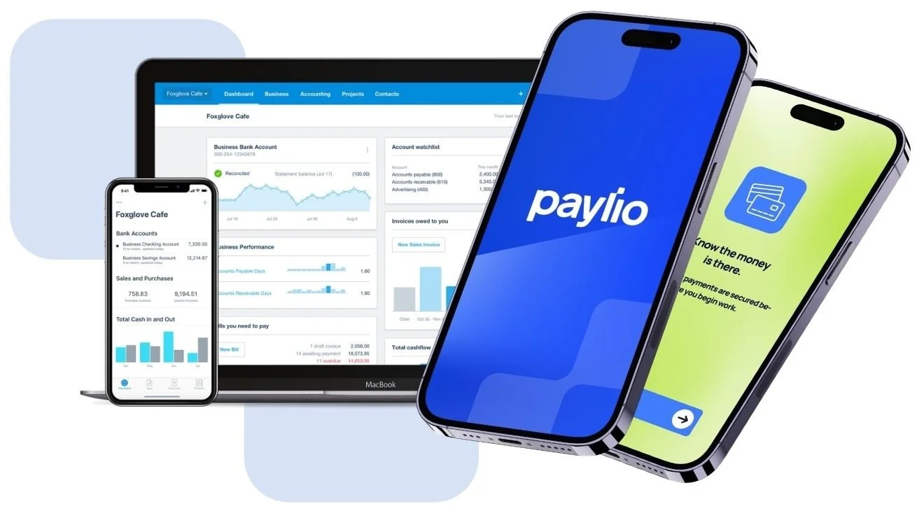 Multiple electronic devices including smartphones and laptops displaying financial and payment apps, with the Paylio logo on one of the phones. Paylio connects to accounting software to save tradespeople time.